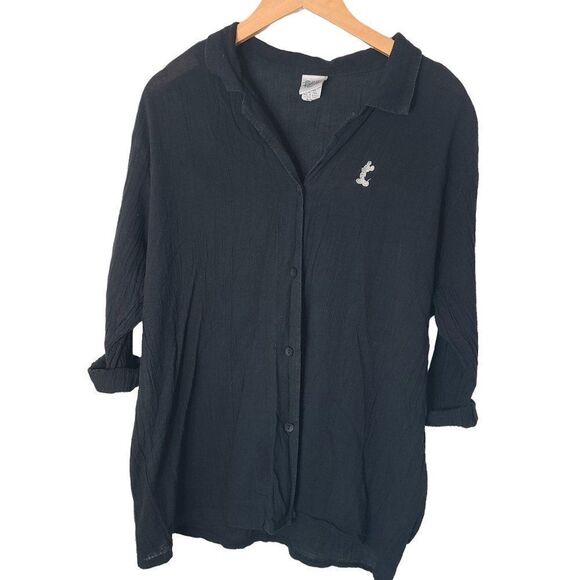 Vintage The‎ Disney Catalog Black Crepe Button Down Top Mickey Mouse Size S/M - Picture 1 of 7